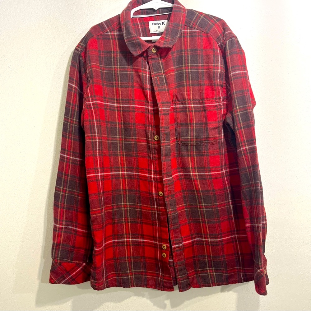 Boys Hurley Flannel Button-down Shirt, Red Plaid (M)